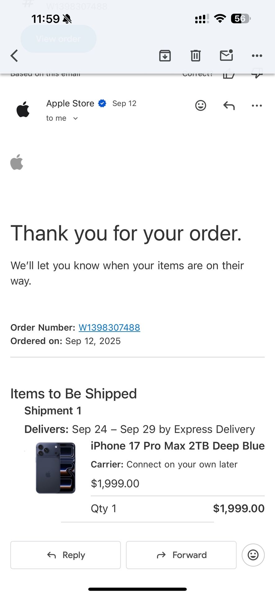 iPhone 17 Pro Max 2TB Deep Blue; Coming soon for $2600