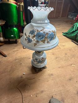 Vintage Hurricane Table Lamp with Floral Glass Shade