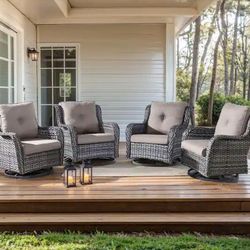 Gray Frame Beige Cushions 4 Pieces Patio Rocking Chairs Swivel Rocking Chairs Brand New Swivel Chairs Four Pieces Patio Furniture Patio Set 🆕🚚🆕