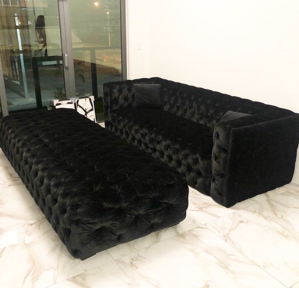 Perla Black Velvet Sofa & Ottoman Set / couch,New Products : American Fashion Style Bags On Sale