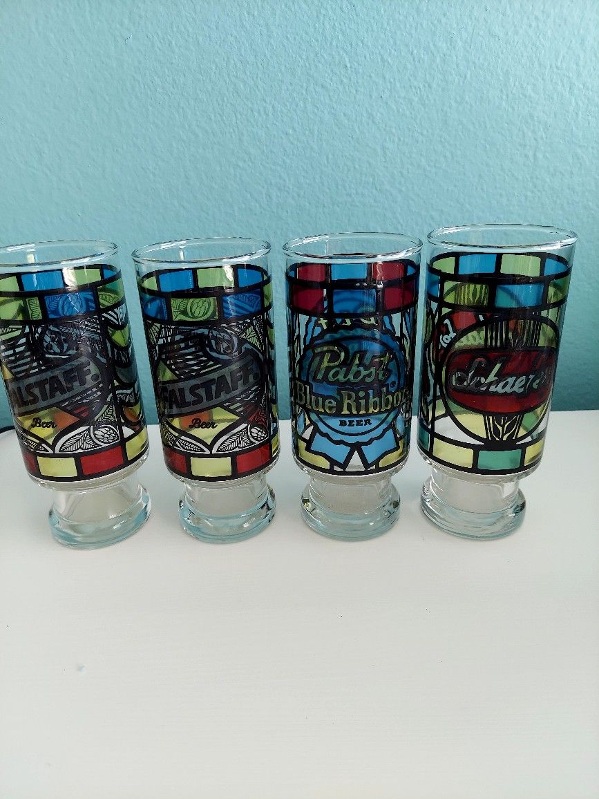 Vintage Stained Glass Style Beer Glasses Set of 4 – Falstaff, Pabst Blue Ribbon, Schaefer