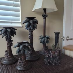 Tropical Decor 2 Bedside Lamps,2 Buffet Lamps. Cute Monkey Palm Pieces And Candle Holders