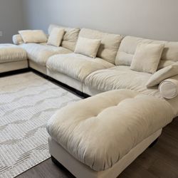 130 in. Velvet 3-Seater Sectional Sofa with Round Bolster Arms and Modular Ottoman in Ivory Cream