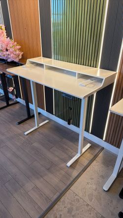 55” White Standing Desk with Raised Shelf monitor stand