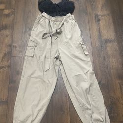 Womans Black Khaki Jumpsuit Pant Romper Size Large By Justify #12