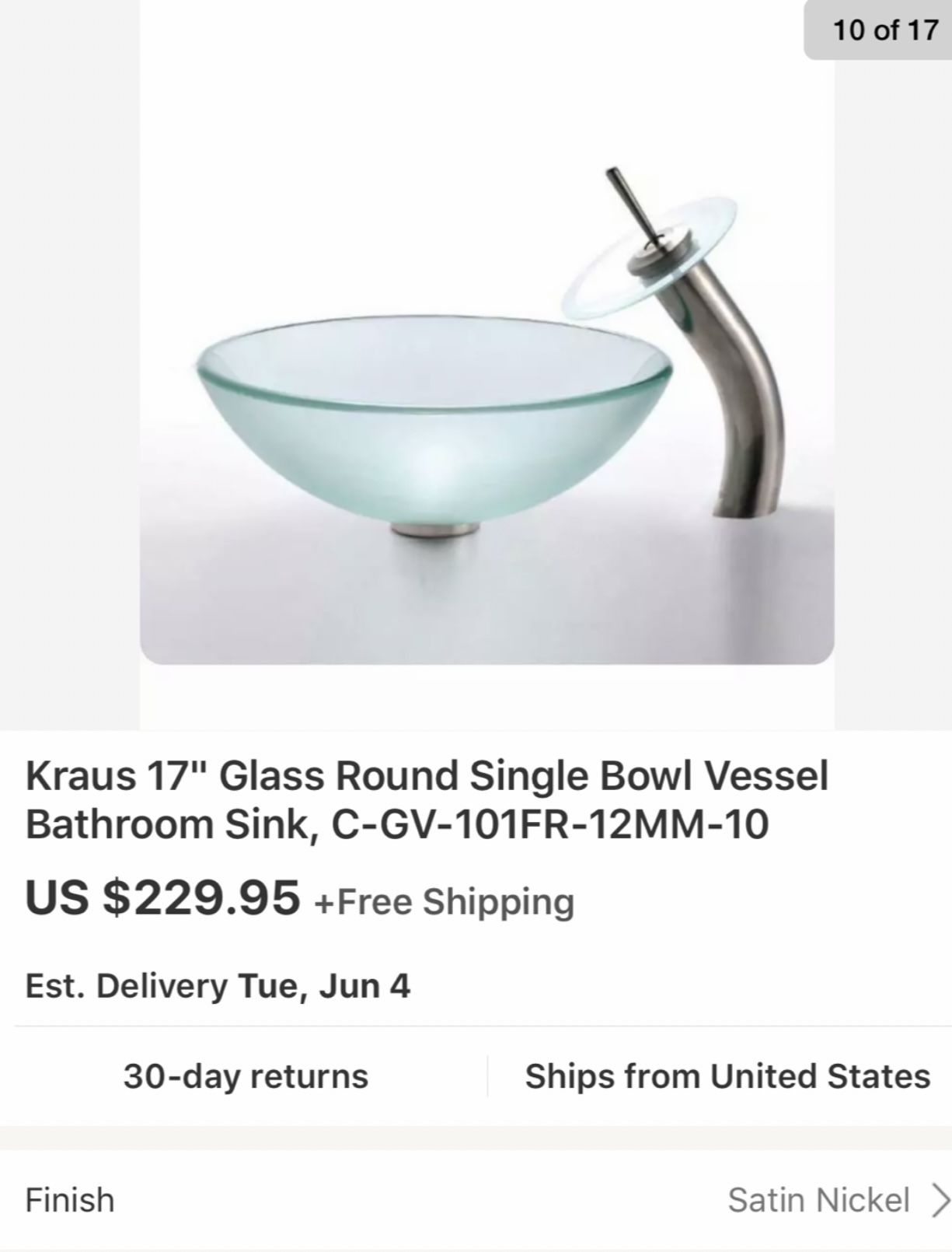 17" Glass Round Single Bowl Vessel Bathroom Sink, C-GV-101FR-12MM-10