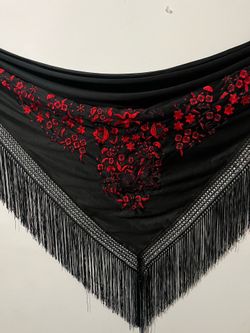 Spanish Black and Red Embroidered shawl/scarf with fringe