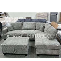 New 106” Plush Sectional Sofa With USB Charger,Cordoroy Couch, Grey Sofa, Grey Sectional, Grey Couch, Light Grey Sofa Couch And Storage Ottoman, Couch