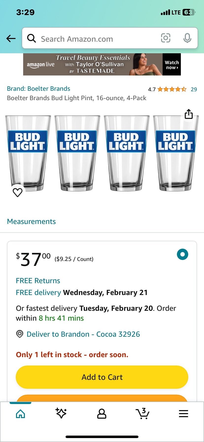Boelter Brands Bud Light Pint, 16-ounce, 4-Pack