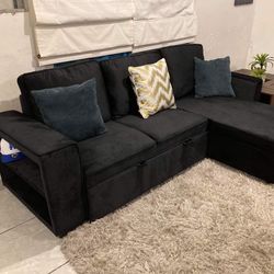 Black Sectional Couch 🛋️ Brand New In Box 📦 Free Drop Off ‼️ USB port ✅  Pull out bed ✅  Reversible L ✅  Side pocket ✅  Storage underneath ✅  Shelve