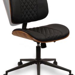 Armless Home Office Chair, Desk Chair with Wheels, Adjustable Height Reading Chair, Leather Mid Back & Swivel Computer Chair, Modern Walnut Chair with