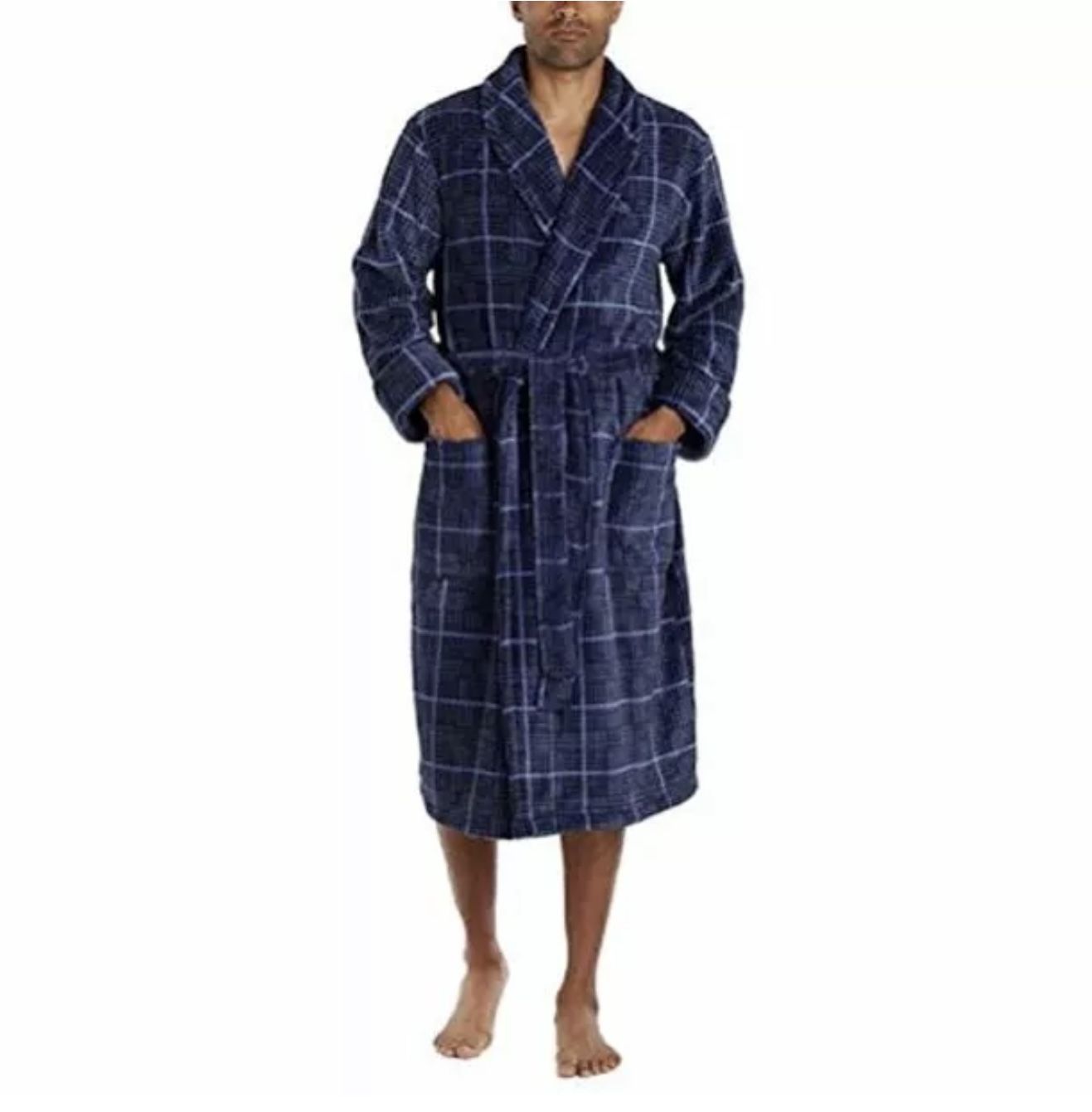 Tommy Bahama Men’s Plush Bath Robe Plaid Blue S/M Belted Pockets