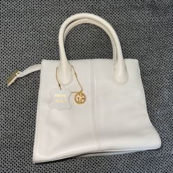 Giani Bernini White Leather Handbag w/Logo Charm, Ivory, Genuine Leather Handbag