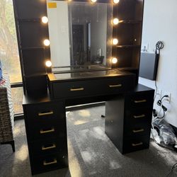 Black Vanity Desk with Mirror & LED Lights, Glass Top Vanity Desk with Charging Station & Compartmen