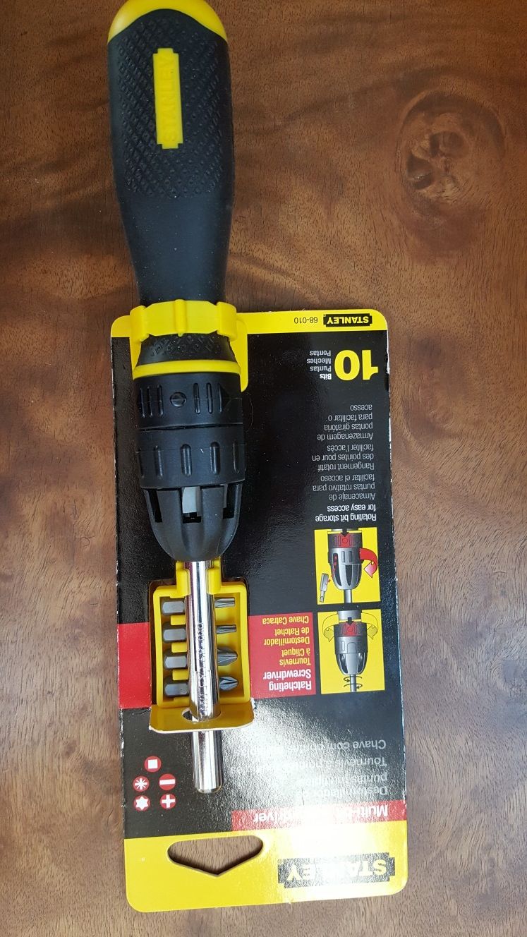 Stanley ratcheting screwdriver with 10 bits. Fwd, Rev, and locked. Easy grip. Makes a great stocking stuffer!