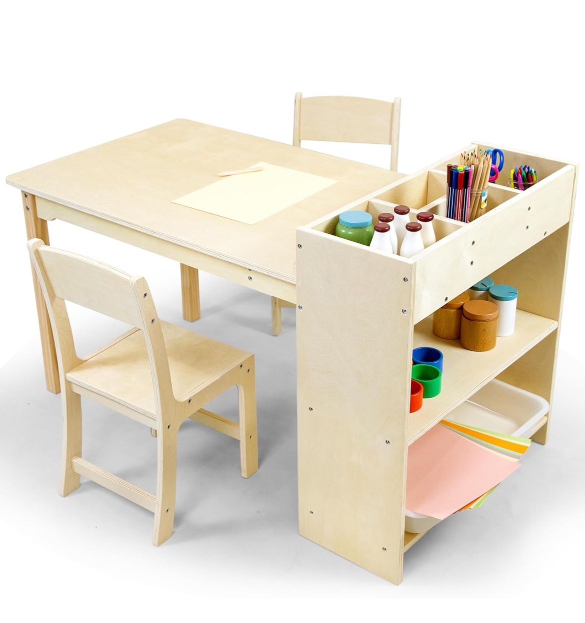 NEW Kids Art Table and Chair Set, Birch Wooden Activity Craft Table, Kids Drawing Table, Toddler Desk with Storage and 1 Chair