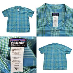 Patagonia Organic Cotton Men's Plaid Checkered S/S Short Sleeve front pocket Casual button down multicolored multicolor colorblock colorful Blue, Gree