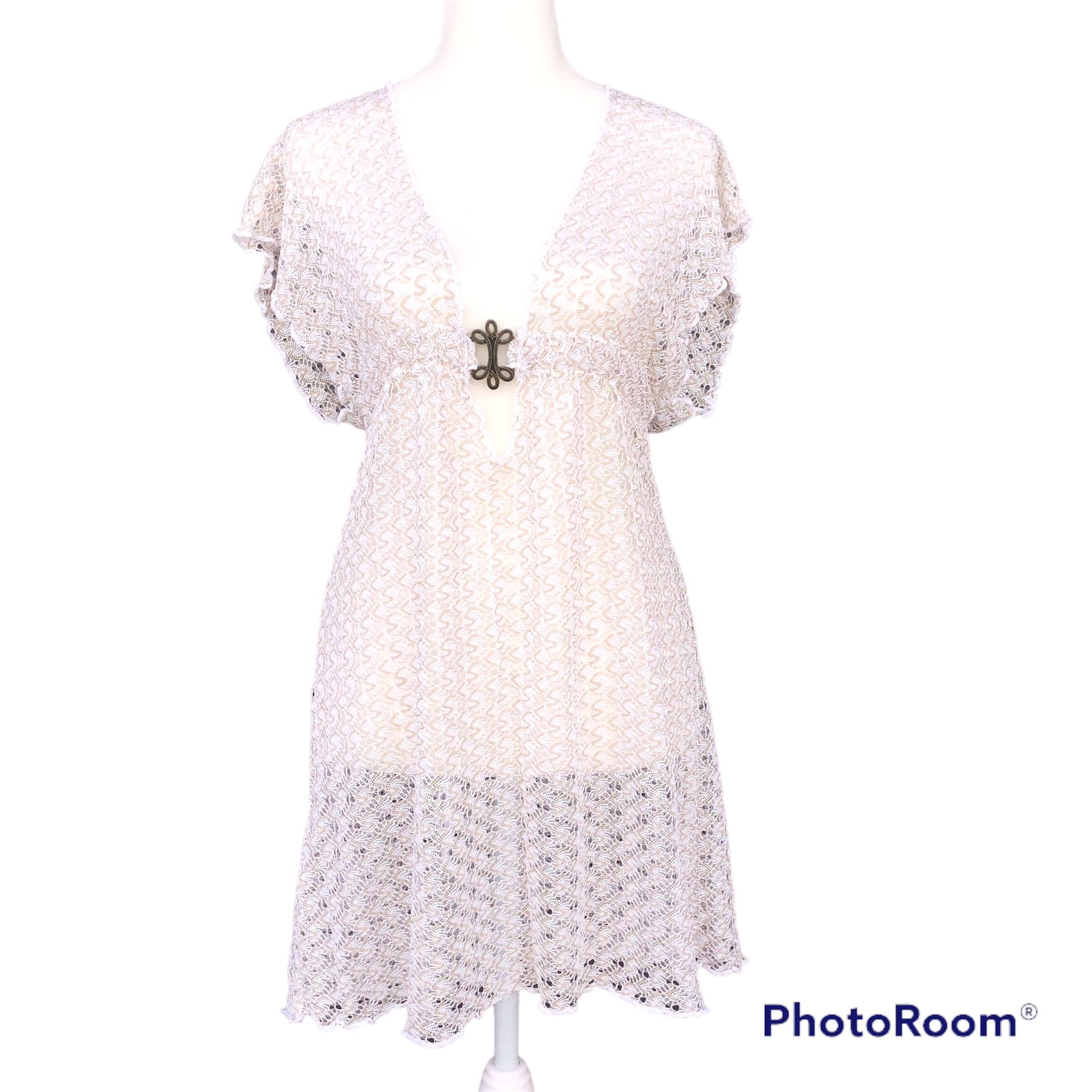 Becca by Rebecca Virtue Cream/Gold Crochet Plunge Neck Tunic Swim Cover-Up