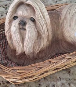 Vintage Sandicast Shih Tzu Dog Hand Painted Figurine Sculpture in Basket designed and hand painted by Sandra Brue Limited Edition.  Great gift!