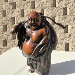 Large 19” Bronze Metal Laughing Buddha Statue – Vintage Japanese Hotei (Heavy) 