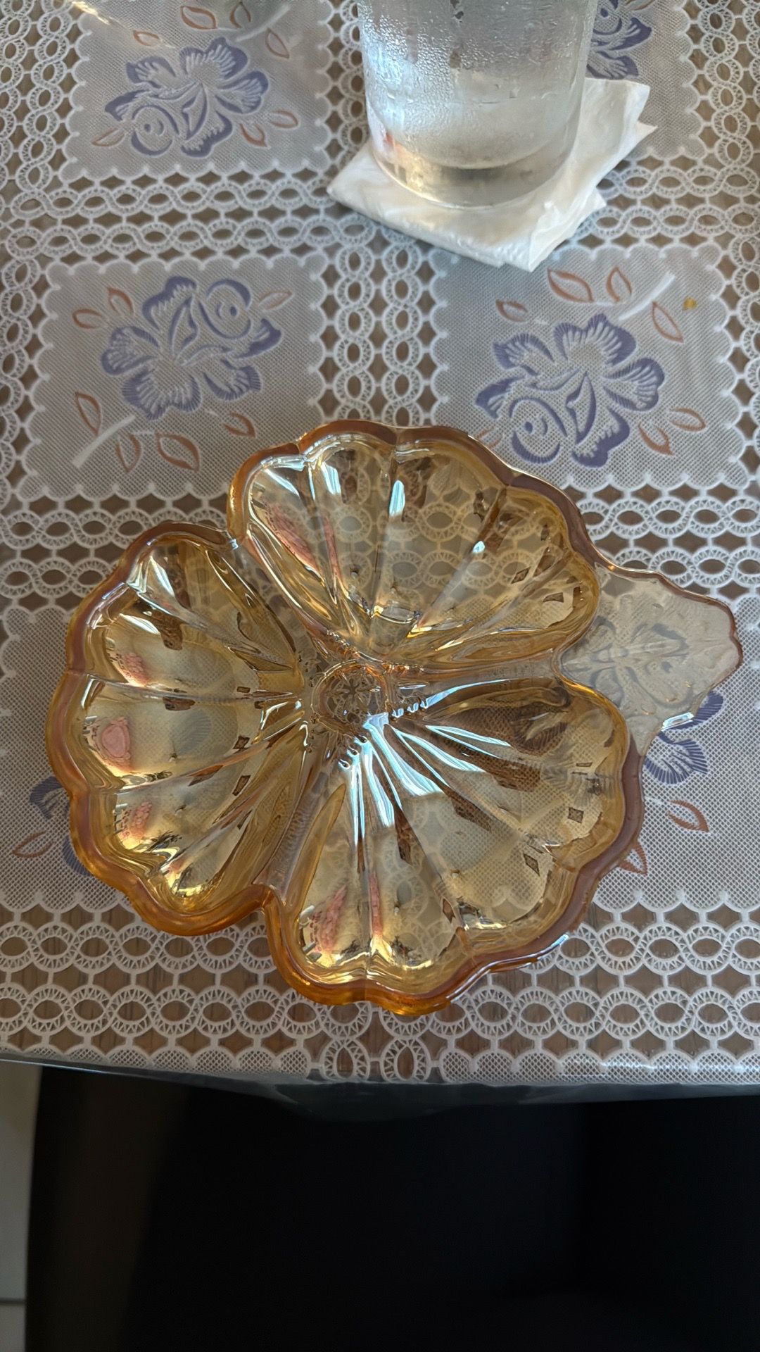 1 Vintage Jeannette Marigold Carnival Glass Three Leaf Clover Dish