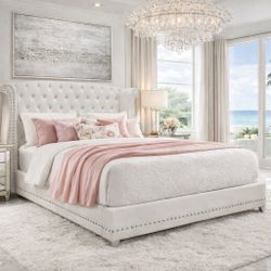 Glam Style Queen Size Wingback Bed White Velvet