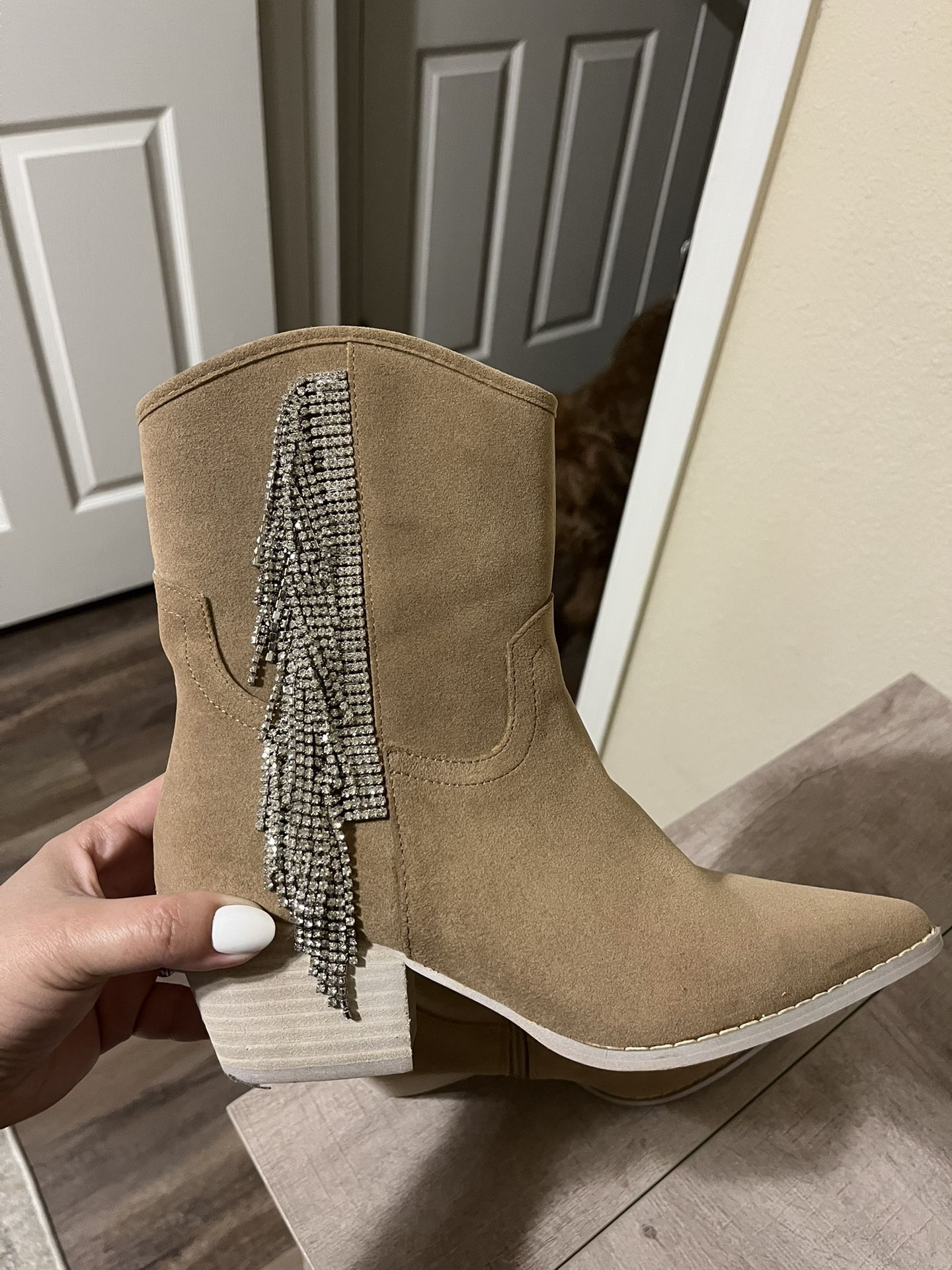Rhinestone Beige Suede Cowboy Boots 