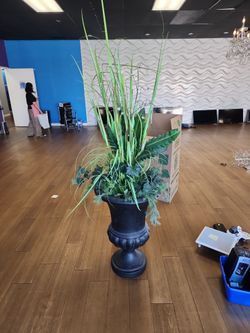 Large Black Urn Planter with Faux Plants