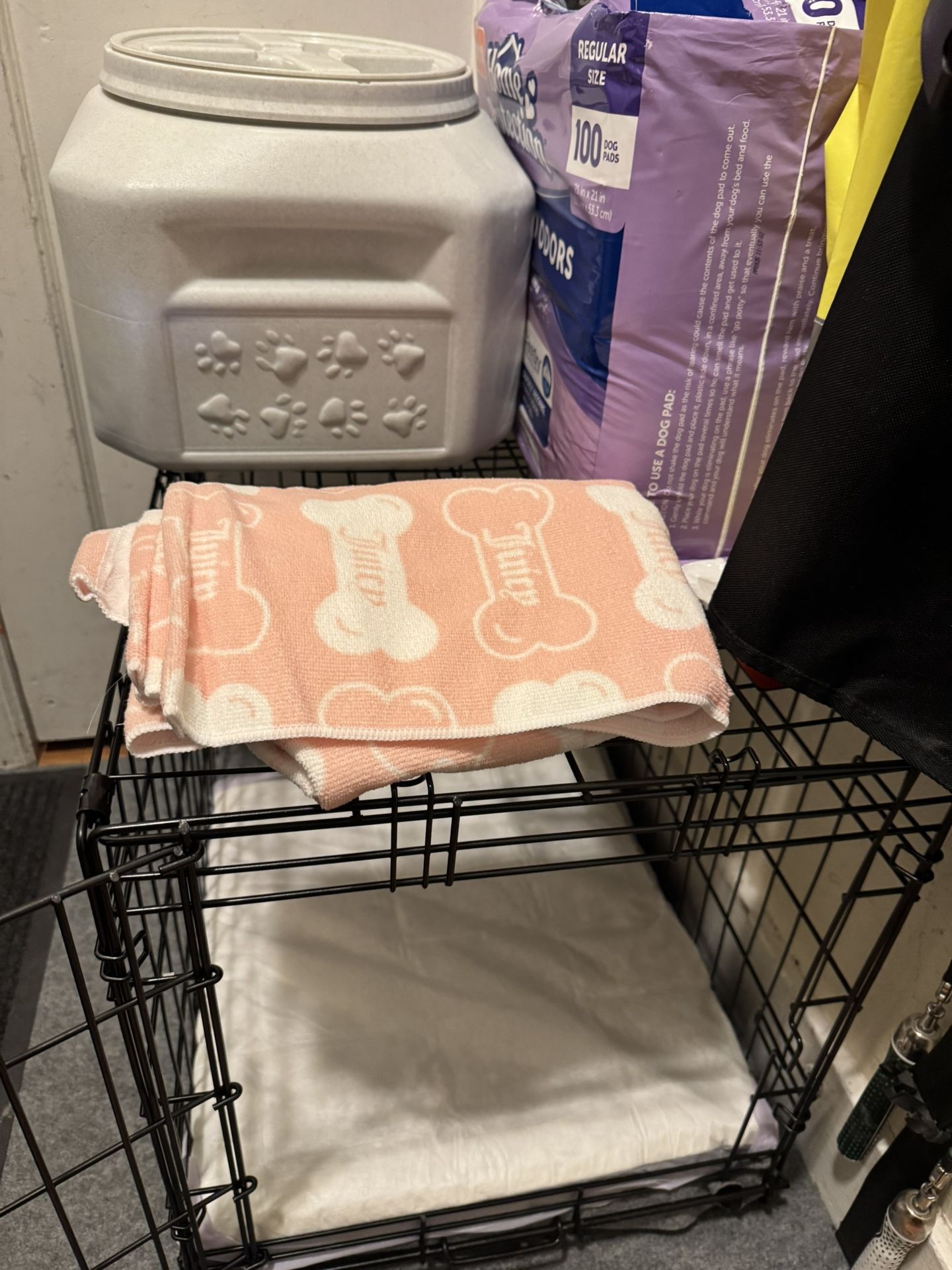 Cage, Food Container And Dog Bed