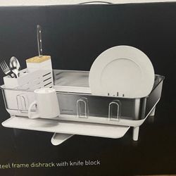 simplehuman Steel Frame Dish Drying Rack Silver White Large with Knife Block 