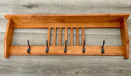36" Mission Style Wood Wall Coat Rack & Entryway Shelf - 5 Hooks