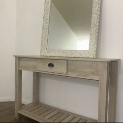 Rustic White Oak Wooden Mirror with White Oak Console Table W/ One Drawer W/ Decoration