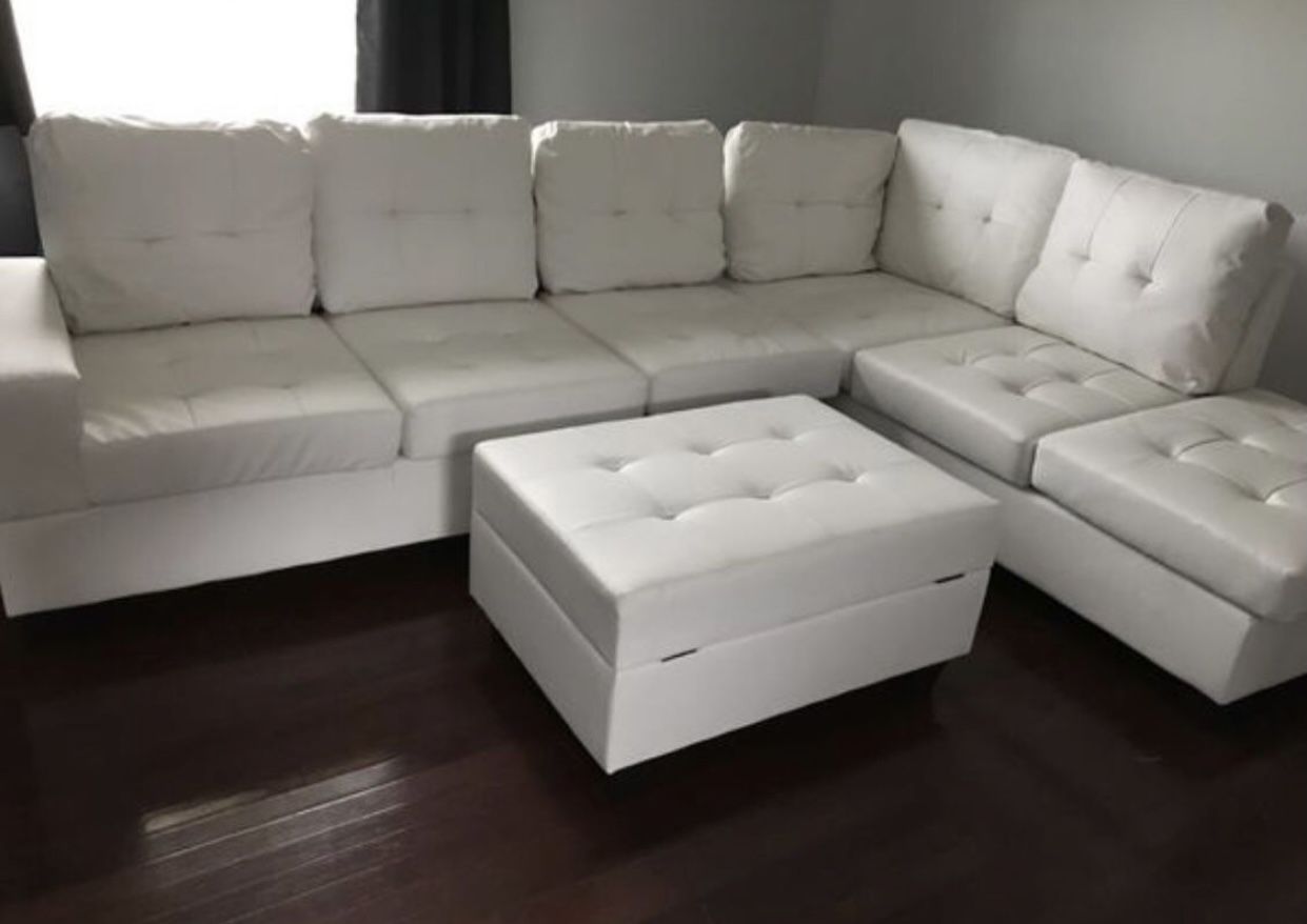 NEW WHITE LEATHER SECTIONAL SOFA COUCH WITH OTTOMAN 