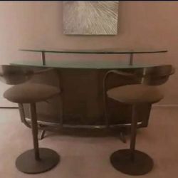 Modern Bar Set With Custom Leather Stools 