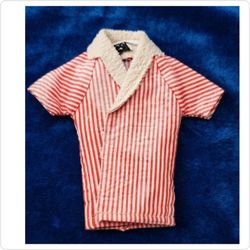 Original vintage 1960s Ken doll (Mattel) red and white striped beach jacket/robe with a white terry cloth collar and shawl lapel. Features the classic