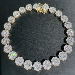 14k yellow gold 3CTW Natural Diamond Flower Cluster iced out Tennis bracelet 7” 7.15mm