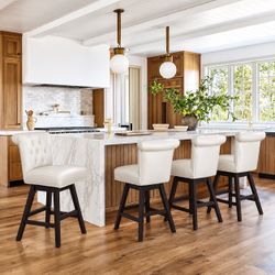 Set of 4 Cream Tufted Swivel Counter Stools – 26” Seat Height
