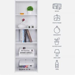 5-Tier Bookcase Storage Organizer Wall Shelf Bookshelf for Home Office White 