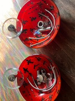 Pair of Stunning Red Tempered Glass Vessel Sink Bowls – Asian Calligraphy Design