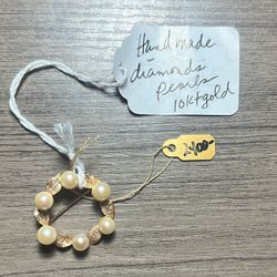 Heavy 10kt Yellow Gold Pearl And Diamond Handmade Brooch 