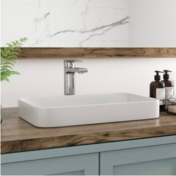 Bathroom Vessel Sink, DeerValley 19'' x 12'' Semi Recessed Bathroom Sink Rectangular White Ceramic Vessel Sinks for Bathroom Modern Bath Sink Bowl Van