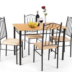 5 Piece Dining Table Set 29.5" with 4 Chairs Wood Metal Kitchen Breakfast Furniture Brown