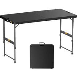 New 4ft Portable Folding Table, One-Handed Height Adjustment, 4 Heights, Gravity Lock, Carry Handle, Indoor Outdoor Heavy Duty Fold-in-Half Utility Ta