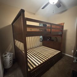 Dark Wood Twin Over Full Bunk Bed with Storage Drawers - Solid Wood, stairs , Great Condition