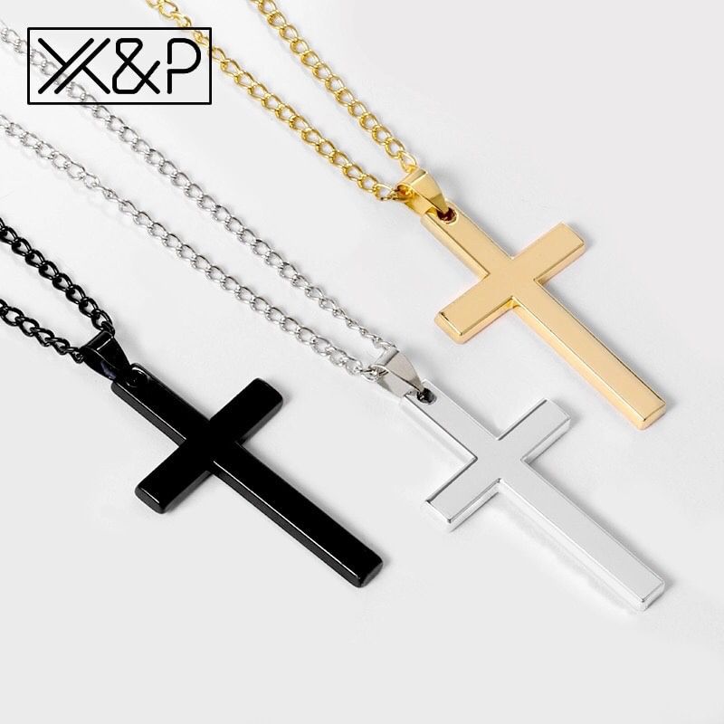 Cross Long Silver, Black, Gold Chains Necklaces for Women Men Christian Stainless Steel