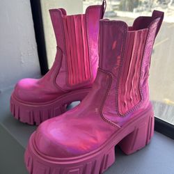 Dolls Kill pink iridescent boots