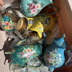 Hand painted Tea Kettles And Trays 