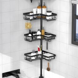 KEGII Corner Shower Caddy Tension Pole - Shower Tension Rod Organizer, Floor to Ceiling Shower Caddy 25-114.2 inch, Towel Rack Corner Waterproof, Blac