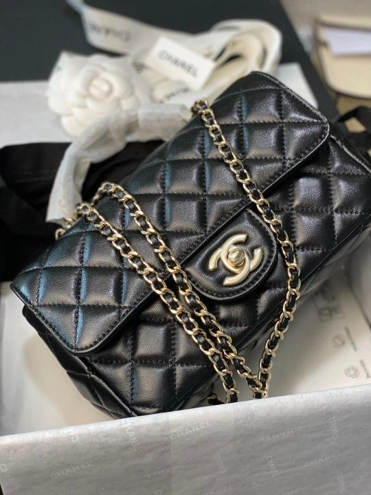 ππ‘ππ§ππ₯ Black Lambskin Quilted Mini River of Pearls Flap Bag Aged Gold Hardware