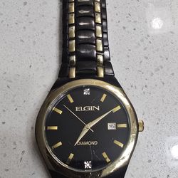Elgin Black & Gold Diamond Accent Watch